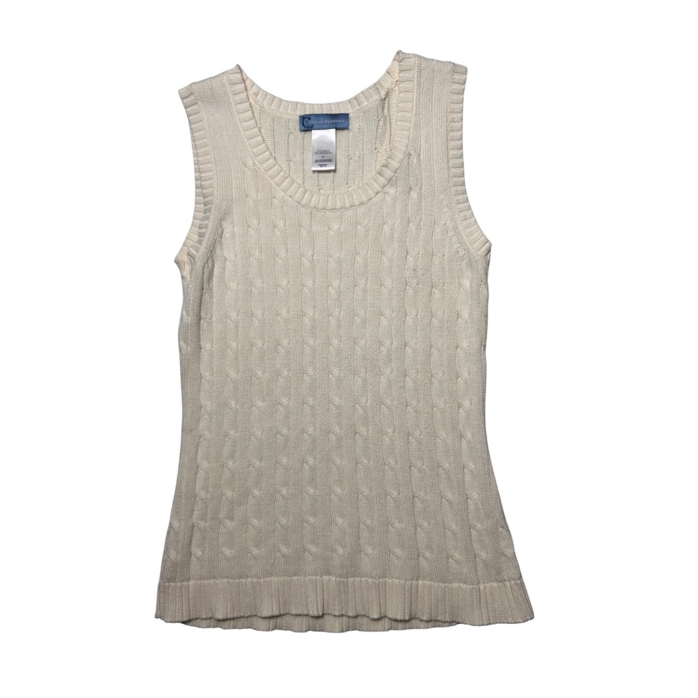 Classic Elements Women Cream Cable Knit Cotton‎ Sweater Vest Preppy Classic S